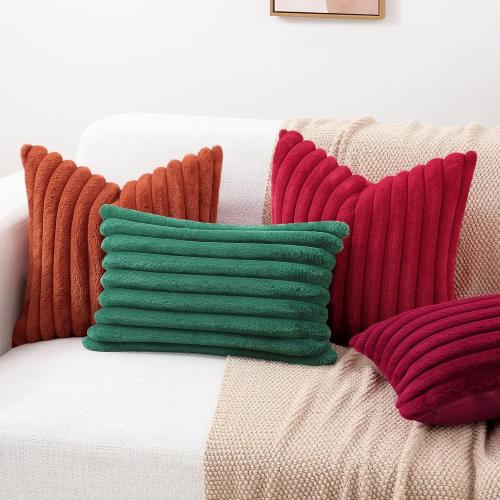 decorUhome Faux Fur Christmas Throw Pillow Covers 24x24 Set of 2, Decorative Soft Plush Striped Neutral Couch Euro Pillow Covers with Velvet Back for Sofa, Bed, Living Room Home Decor, Red