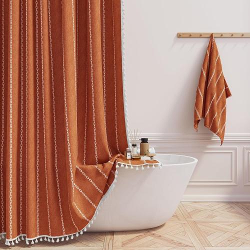 BTTN Boho Farmhouse Shower Curtain, Linen Rustic Weighted Striped Fabric Shower Curtain Set with Tassel, Water Repellent, Bohemian Vintage Country Shower Curtains for Bathroom, Burnt Orange, 72x72