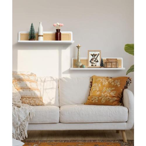 Rattan Wall Shelf 24inch Set of 2, Handmade White Floating Shelves Boho Wall Decor, Rustic Wood Wall Mounted Storage Shelves for Living Room Nursery Bedroom