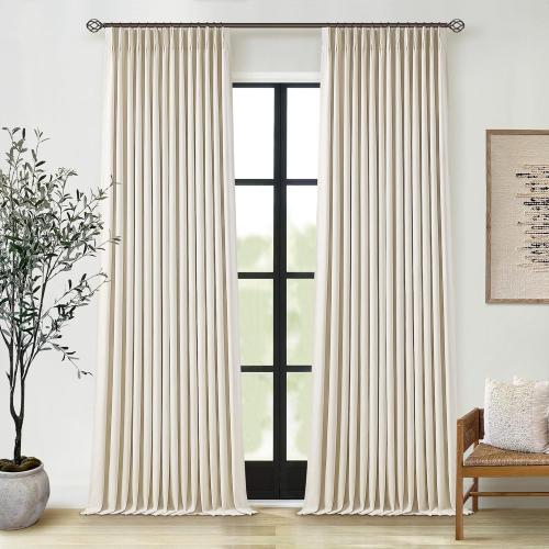 Pleated Cream Beige Linen Blackout Curtains for Bedroom 90 Inch Length 2 Panels Pinch Pleat Back Tab Neutral Farmhouse Living Room Darkening Curtains Track System Thermal Insulated Black Out Drapes