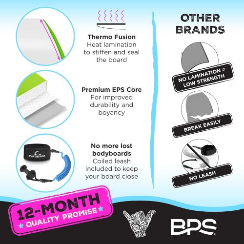 Own the Wave 'Wave Weapon' Body Board for All Wave Conditions - Lightweight with EPS Core HDPE Slick Bottom Body Boards for Beach with Wrist Leash and Plug for Kids and Adults