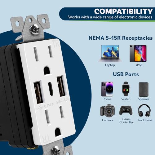 TOPGREENER USB Outlet, 3-Port Type C 3.6A 18W Wall Outlet, 15 Amp Receptacle, Charging Power Outlet with USB Ports, Compatible with iPhone 17 Series & More, UL Listed, TU21536AC3-2PCS, White, 2 Pack