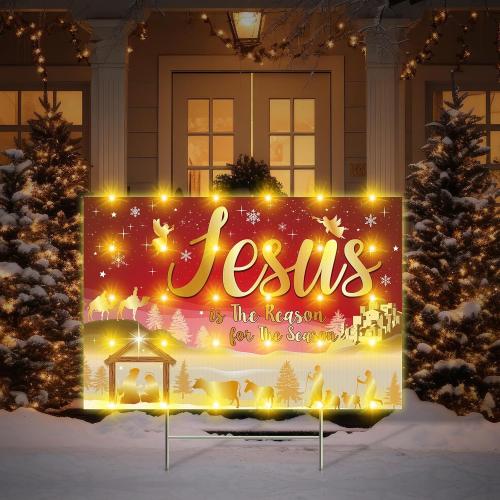 Blosssound 24 Inch Christmas Holy Nativity Yard Sign with Light Stakes Jesus Is the Reason for Season Lawn Sign Manger Scene Religious Xmas Yard Decor Outdoor for Xmas Outdoor Party Decor(Red Gold)