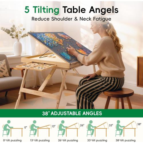 Size 34.2 x 26.3  TEAKMAMA Puzzle Table 27.6 Tall 1500 Piece Puzzle Board with Drawers, 34.2 x 26.3 Adjustable 5-Tilting-Angle Jigsaw Table with Legs, Jigsaw Board for Adults, Nature