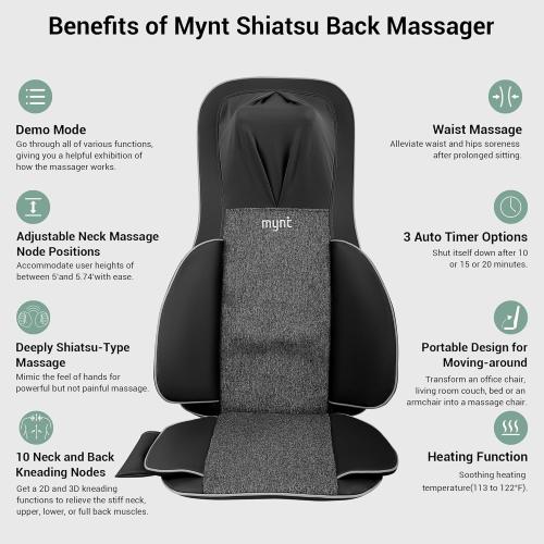 Mynt FSA Eligible HSA Approved Shiatsu Neck and Back Massager for Chair with 10 Deep Kneading Nodes, 2D & 3D Back Massage with Heat, Portable Spot Massage Chair Pad (Black)