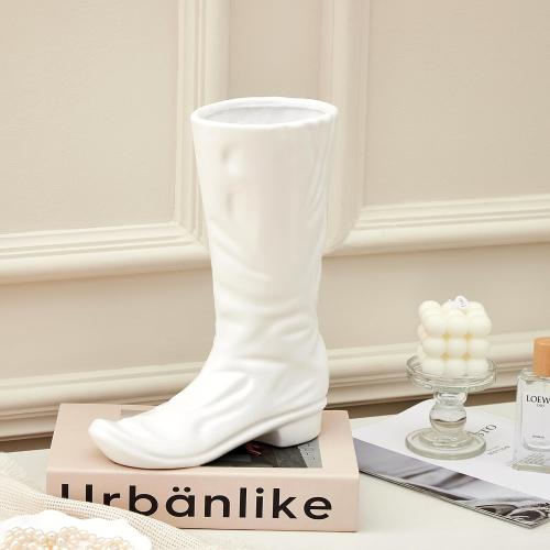 Denique White Boots Flower Vases, Creative Cowboy Boot Vase, Ceramic Flower Arrangements, Unique Boot Vases Boot Planter Modern Aesthetic Room Wedding Decor