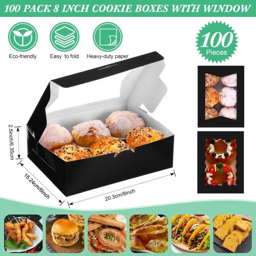 TaoBary 100 Pcs 8 Inch Bakery Boxes 8 x 6 x 2.5 Inch Cookie Pastry Boxes with 2 Style Window for Cookie Treat Chocolate Strawberries Cupcakes Candy Muffins(Black)