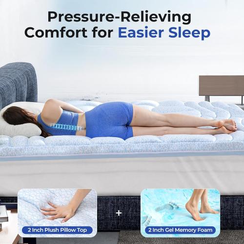 HOMRELEXA Dual Layer 4 Inch Cooling Memory Foam Mattress Topper Queen Size, 2 Inch Thick Soft Quilted Ice Silk Pillow Top Cover Plus 2 Inch Gel Memory Foam Mattress Pad for Back Pain Relief