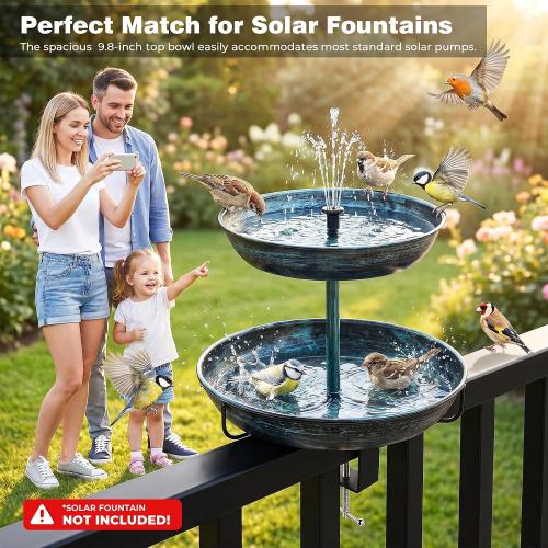 2 in 1 Deck Bird Bath & Feeder for Railing, Metal Birdbath & Birdfeeder with Adjustable Clamp, Detachable Bird Baths Water Bowl, Rustproof Wild Bird Balcony Patio Yard Garden Decor (Lake Blue)