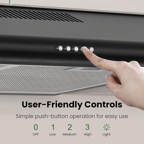 FIREGAS Size  30 Inch Black Under Cabinet Range Hood, Ducted/Ductless Convertible Kitchen Vent Hood with LED Light, 3-Speed Exhaust Fan, Push Button Control, Slim Stove Hood for Modern Kitchen