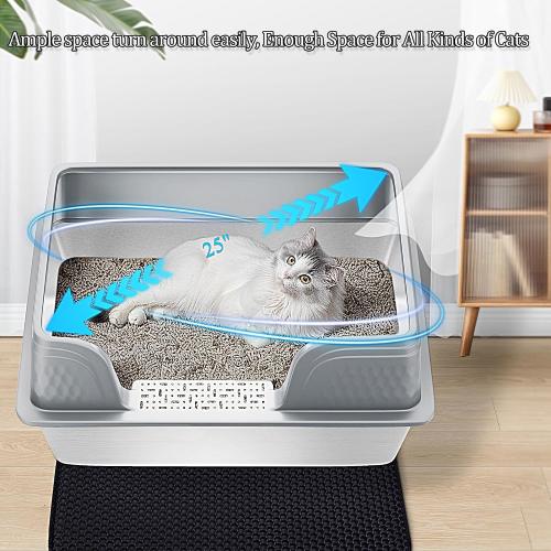 Vealind XXL Stainless Steel Cat Litter Box High Sided with Lid 23.7 L x 16 W x 14 H Anti Leakage Extra Large Metal Cat Litter Tray with Scoop and Mat for Big Cats (Grey)