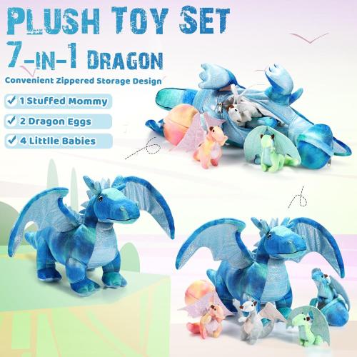 Deekin 7 Pcs Dragon Toy Set 16 Inch Large Dragon Stuffed Animal with 4 Baby Plush and 2 Eggs in Mommy's Belly Dinosaur Plushies Gifts for Boys Girls Birthday(Bright Style)