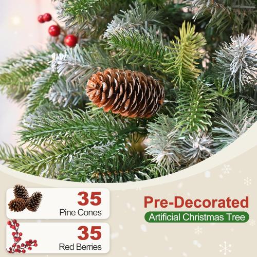 4ft Unlit Christmas Tree Pre-Decorated Snow Flocked with Pine Cones & Red Berries Artificial Xmas Tree for Holiday Office Outdoor Christmas Decoration(Green White)