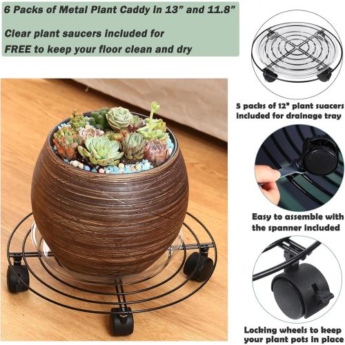 6 Packs Large Metal Plant Caddy with Wheels 13 and 11.8 Heavy-duty Wrought Iron Rolling Plant Stands with Casters Plant Dolly Plant Roller Base Indoor and Outdoor Plant Pot Movers Planter Rollers
