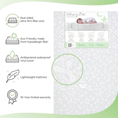 Dream On Me Dreamland Orthopedic Firm Fiber Crib and Toddler Bed Mattress, Greenguard Gold and JPMA Certified, Waterproof Vinyl Cover, Dual-Sided Mattress, Grey, Made In The U.S.A