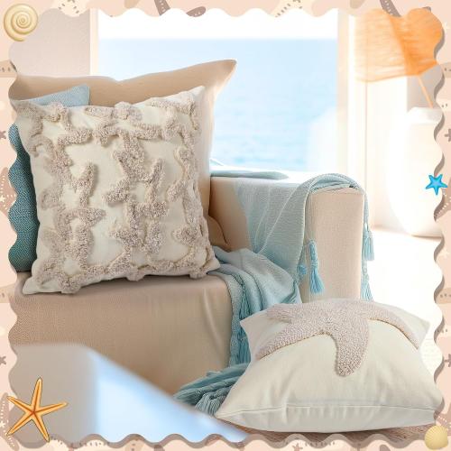 Moucuny 2 Pcs Starfish Pillow Covers 18x18, Beach Coastal Pillow Cases