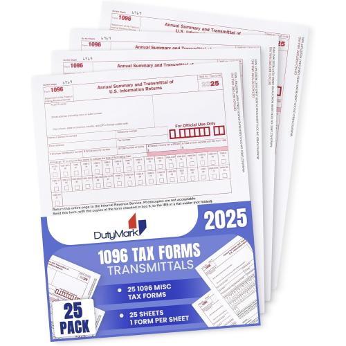 1096 Transmittal Tax Forms 2025, 25 Pack of 1096 Summary Laser Tax Forms, Compatible with QuickBooks and Accounting Software, Use for 1099 NEC, MISC, INT, and Other 1099 Forms