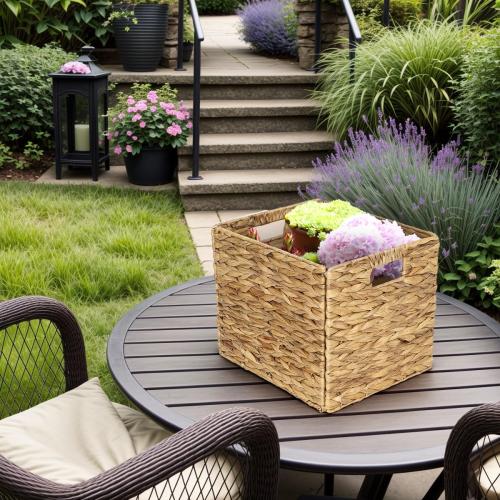 4 Pack Size  13 x 11in Rectangular Wicker Storage Bins, Water Hyacinth Baskets, Foldable Wicker Baskets, Storage Basket with Built-in Handles, Handwoven Natural Basket for Shelves, Outdoor