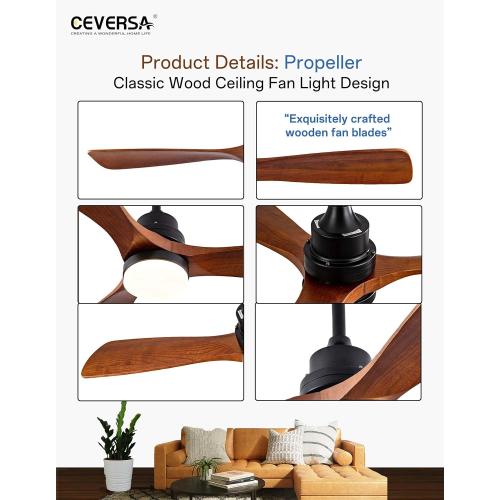 52 Inch Ceiling fans with Lights and Remote,Wood Outdoor Ceiling Fan for Patios with Dimmable LED Light,3 Blades Walnut,Noiseless Reversible DC Motor,Modern Fan for Indoor,Farmhouse