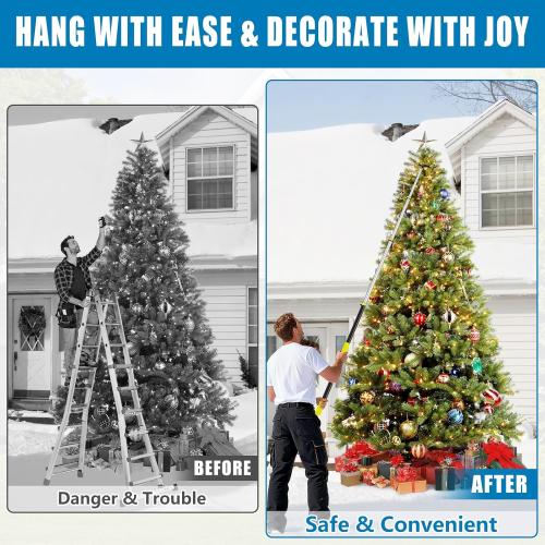 UQM 12 Ft Telescopic Extension Pole with Utility Hook, Telescoping Pole for Hanging Christmas Lights String Lights Birdfeeder, Heavy-Duty Christmas Light Pole Hanger Tool Tree Without Ladder