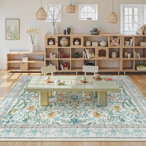 Lahome Light Blue Bedroom Rug 8x10 Under Bed, Boho Washable Rugs for Living Room Nursery, Soft Wool Vintage Low Pile Carpet for Dining Room Girls | Soft Wool Vintage Low Pile Carpet for Girls Kids Nursery Dining Room