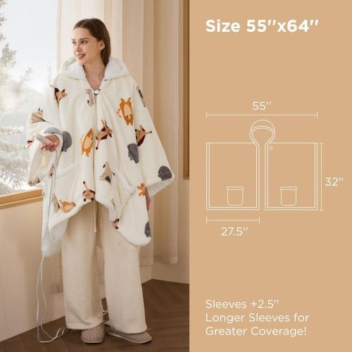 Bedsure Heated Blanket Wearable Shawl - Electric Wrap Poncho Blanket Hoodie for Adult, Winter Gifts for Mom Women Girlfriend, Warm Sherpa Heating Throw, Auto Shut Off, 55x64 inches, Printed Cat