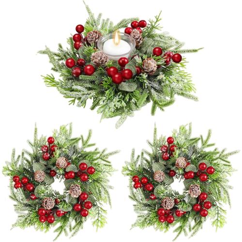 Candle Rings with Red Berries and Pinecones 2Pcs Christmas Candle Wreaths Artificial Centerpiece for Pillars Winter Wedding Holiday Table Decor