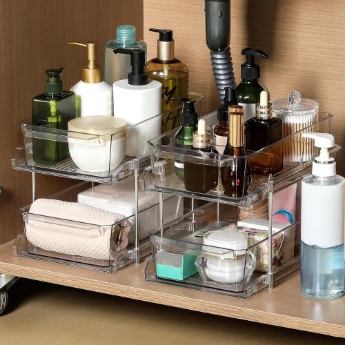 Color Clear Set of 2 Set, 2 Tier Clear Organizer with Dividers for Cabinet, Shlef, Counter - MultiUse Slide-Out Storage Container - Kitchen, Pantry, Medicine Cupboard Bins, Bathroom, Vanity Makeup, Under Sink Organizing