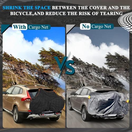 Bike Cover for Transport on Rack for 2 Bikes - Heavy Duty Oxford 600D Bicycle Cover - on Rear Bike Rack with Adjustable Cargo Net for Resistance to Tearing Waterproof Bike Rack Cover