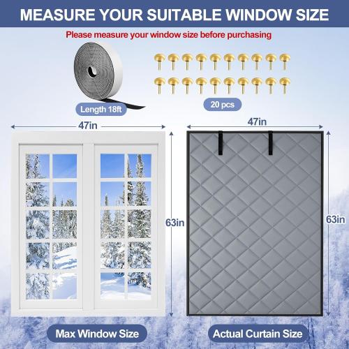 63 x 47 Inch Window Insulation for Winter, Thermal Window Cover 3 Layer with Oxford Cloth Thicken Cotton Filled, Roll-up Insulation Blanket Kit with Hook & Loop for Bedroom Attic to Keep Heat Warm