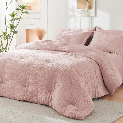 Light Pink Large Comforter Set Seersucker 7 Pieces, All Season Luxury Bed in a Bag for Bedroom, Bedding Set with Comforters, Sheets, Pillowcases & Shams
