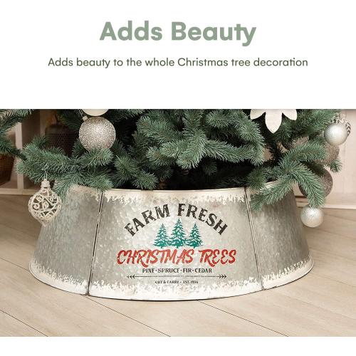 Galvanized Christmas Tree Collar - Adjustable Metal Skirt for Large to Small Trees - Distressed White, Standard Size - Christmas Decor