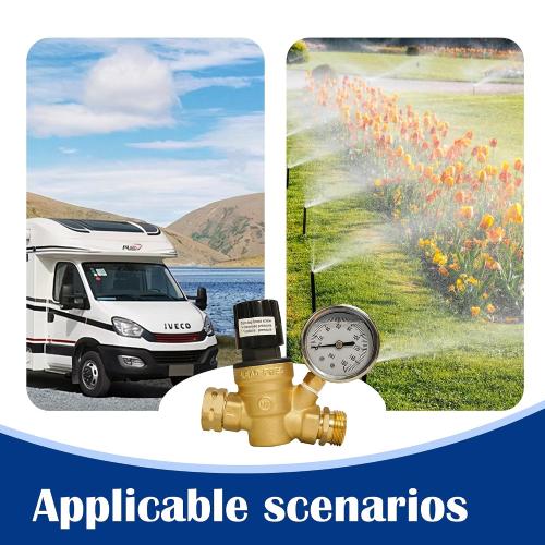 Hourleey RV Water Pressure Regulator, Adjustable Handle Brass Water Pressure Regulator, Water Pressure Reducer with Gauge and Inlet Screened Filter for RV Camper Travel Trailer