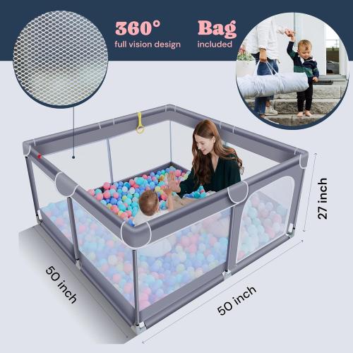 Todale 50”×50” Baby Playpen - Safe Infant & Toddler Gate for Crib - Portable Floor Yard with Anti-Slip Base and Breathable Mesh in Gray - Playpen for Babies and Toddlers, Gray