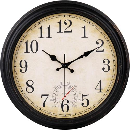 Wall Clock Vintage Style Inodor Outdoor Clock 16 Inch Large Wall Clocks Waterproof with Thermometer for Living Room Patio Pool Garden (Bronze)