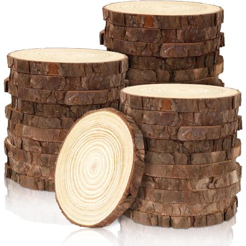 FSWCCK 30 Pack Nature Unfinished Wood Slices, 3.5-4 Inches Round Wooden Circle with Tree Bark, Rustic Wood Centerpieces for Weddings Table Decor and DIY Painting Crafts