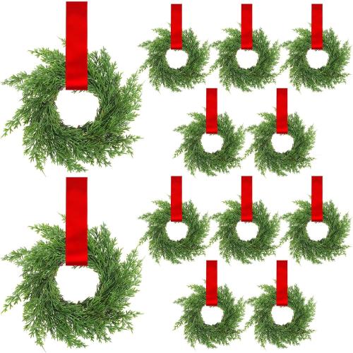 Knitgrip 12 Pcs Small Christmas Cabinet Wreaths with Ribbon, Mini Wreath for Kitchen Window Chair Backs Front Door Xmas Home Decor DIY Craft Farmhouse Holiday Decorations(Red Color,7.87 Inch)