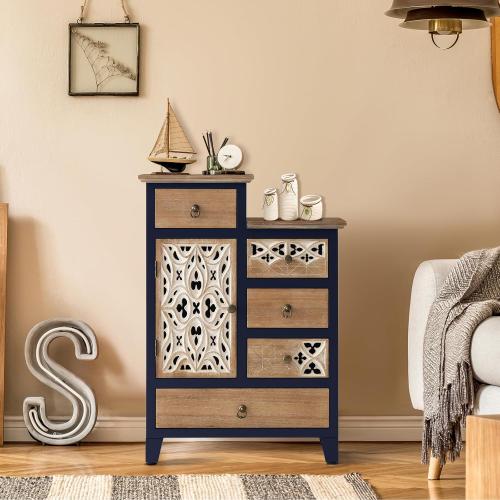 Farmhouse Accent Chest with Carved Door and 5-Drawers, Vintage Storage Cabinet Modern Dresser for Living Room, Entryway, Hallway, Multi-Drawer Organizer, Natural and Deep Blue. ( Damage see the pictures)
