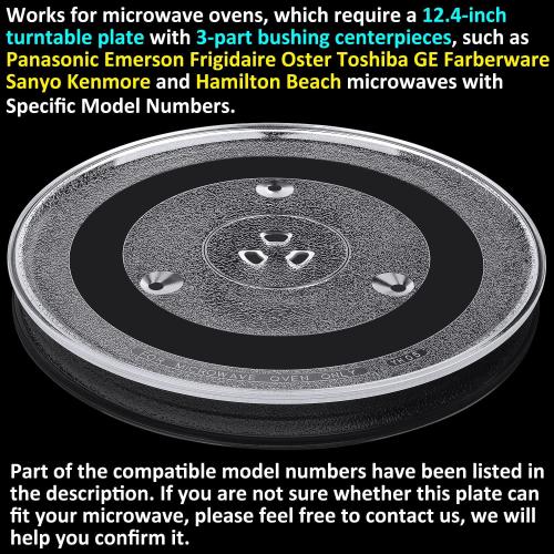 12.4 Turntable Plate Replacement for Panasonic Emerson Frigidaire Oster Toshiba Microwaves, 12 3/8 Glass Cooking Tray with a Glove, Turntable Diameter 12.4 inch (31.5 cm)
