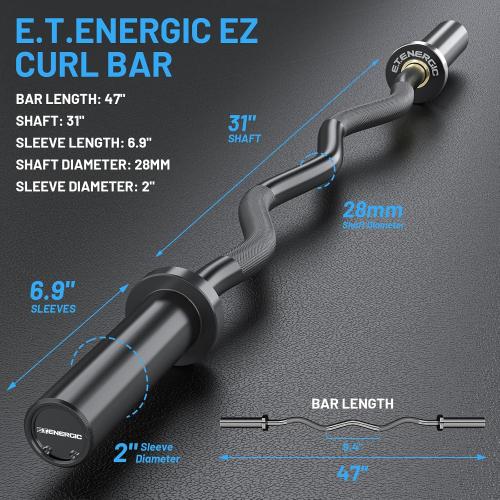 47 Olympic EZ Curl Bar 500-lbs Capacity Steel Barbell Suitable for 2 Weight Plates, 2-Inch Curl Bar for Weight Lifting,Hip Thrusts,Squat,Biceps-Home Gym Weight Bar