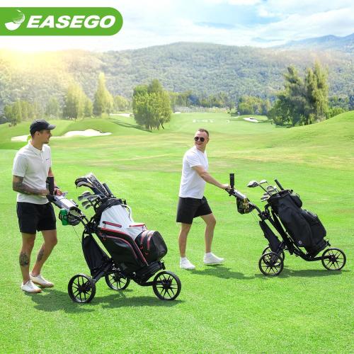 EASEGO Golf Push Cart 3 Wheel : Golf Bag Cart Foldable with Phone Holder/Cup/Umbrella Holder Compact Golf Pull Carts Quick Fold Golf Caddy Push Carts with Large Wheelbase for Different Terrain