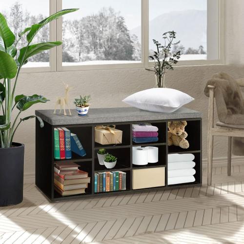 Shoe Bench with Cushion, Wood Shoe Storage Bench for Entryway with 10 Cubbies & Adjustable Shelves, Shoe Organizer Cubby Entry Bench Padded Bench Storage for Living Room, Hallway, Closet, Black