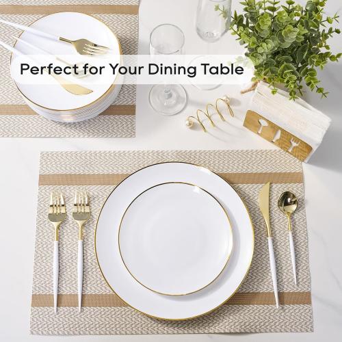 FOCUSLINE 100 Count Gold Plastic Plates 10.25 Inch, Disposable Heavy Duty Dinner Plates, Premium Hard Plastic Plate Fancy Disposable White Plate with Gold Rim