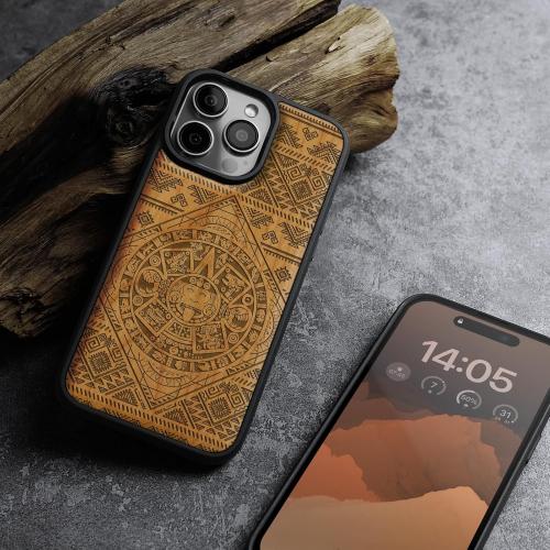 Carveit Magnetic Wooden Case for iPhone 16 Pro Case, Wood Artisan Engraved & Black Soft TPU Shockproof Cover, Compatible with MagSafe Wireless Chargers (Aztec Calendar) Cherry