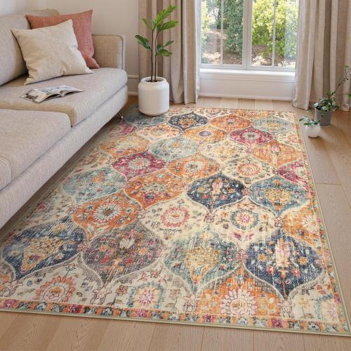 Lahome Moroccan Trellis Washable Area Rugs 5x7, 5x7 Area Rugs for Living Room Bedroom, Indoor Non-Slip Large Oriental Accent Throw Carpet for Kitchen Entryway Bathroom Office, Cream/Multi