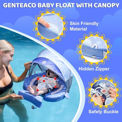Blue Shark Mambobaby Baby Pool Float with Canopy & Tail Baby Swim Float Non-Inflatable Solid Baby Float Soft Waterproof Skin-Friendly Material Infant Swim Float for 3-24 Months Baby Boys Girls(Shark)