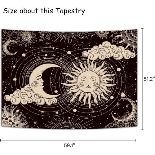 Wonrizon Sun and Moon Tapestry, Aesthetic Black Dark Spiritual Tapestries Mystic Burning Sun with Clouds Star Wall Hanging decor for Bedroom (51.2 x 59.1)