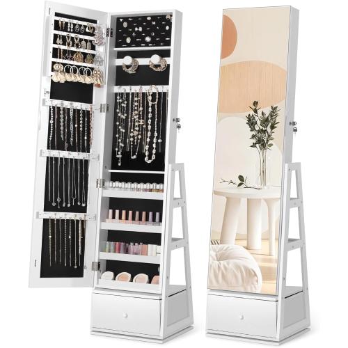 Nicetree 360°Swivel Jewelry Cabinet, Rotatable Full Length Mirror with Jewelry Storage, Standing Jewelry Armoire Organizer, Lockable Jewelry Organizer with 3 Rear Shelves, Bottom Drawer, Pure White