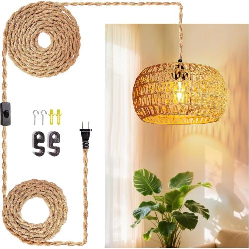 Hanging Lamps Rattan Pendant Light Hanging Lights 16.4ft Plug in Cord Pendant Light Fixture Plug Into Wall Outlet Pendant Lighting with On Off Switch for Bedroom Living