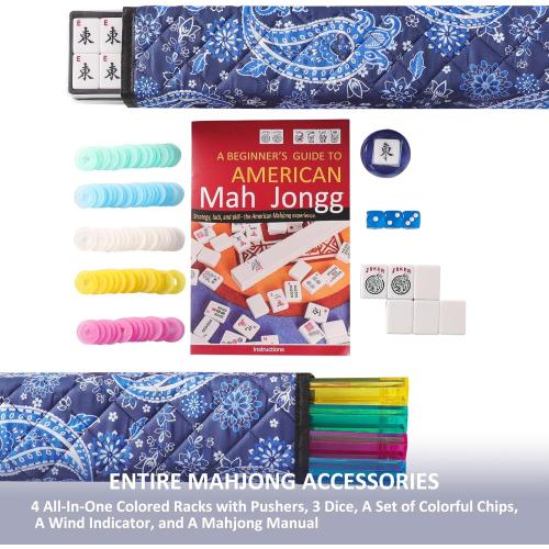 American Mahjong Game Set, 166 White Tiles, Blue Printed Bag with Entire Accessories, 4 All-in-One Rack/Pushers, Mahjong Tiles Set